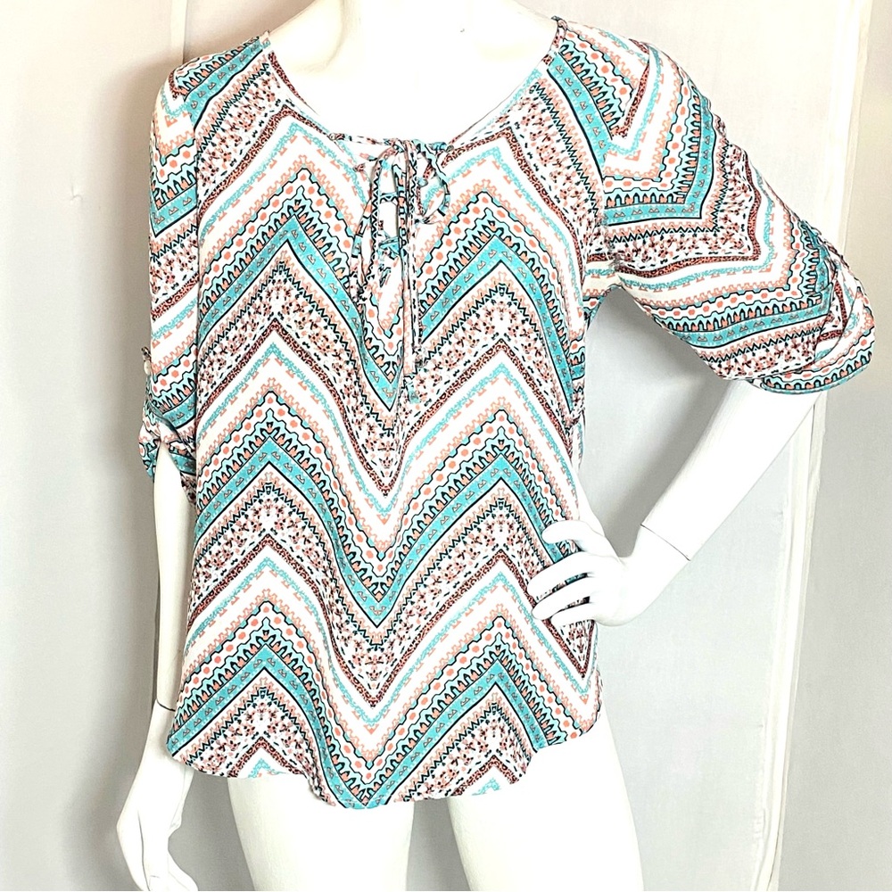 HeartSoul Chevron Print Tunic in Teal, Coral & White